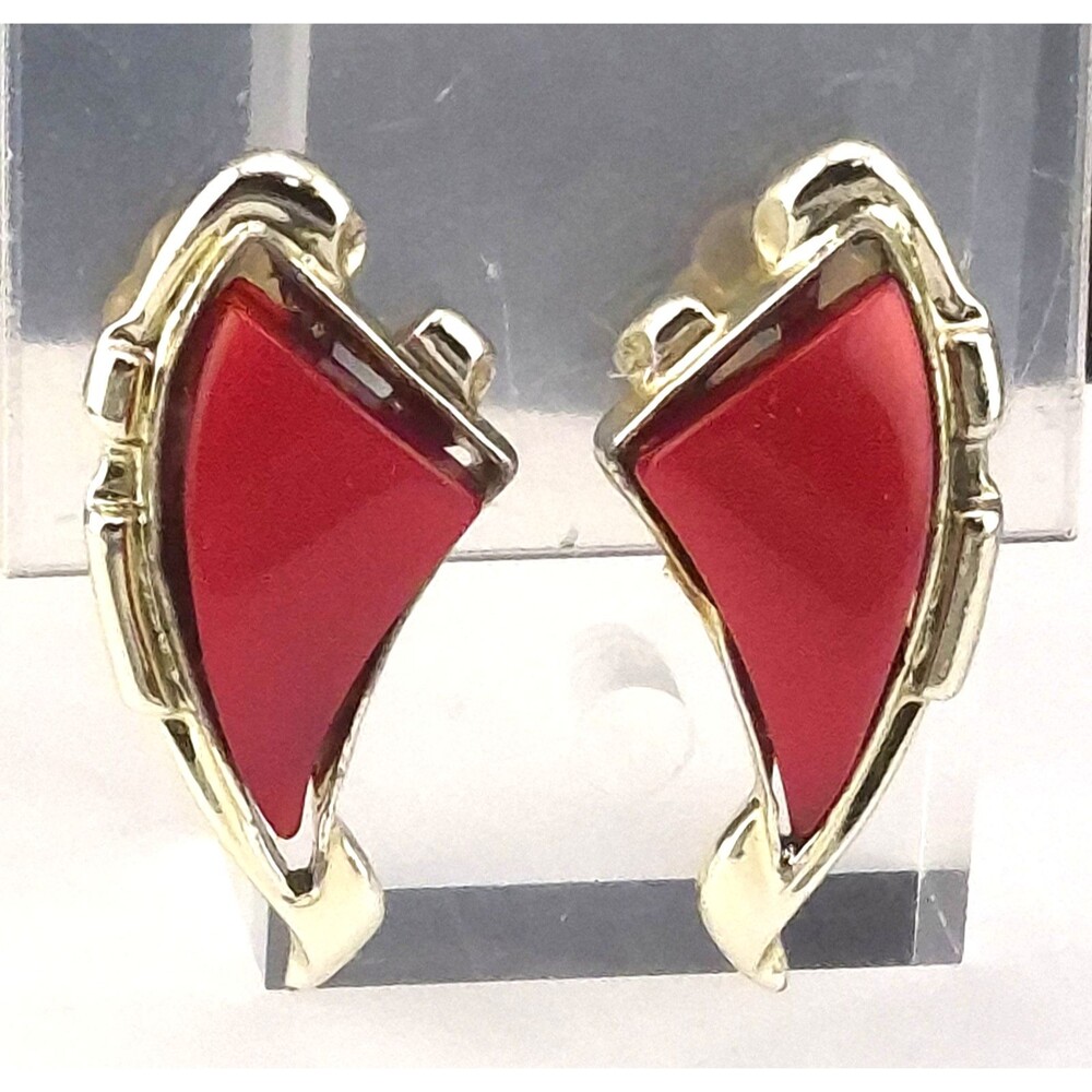 Vintage Red Lucite Monglow Tooth Claw Sheild Statement Clip On Earrings 1 3/8"
